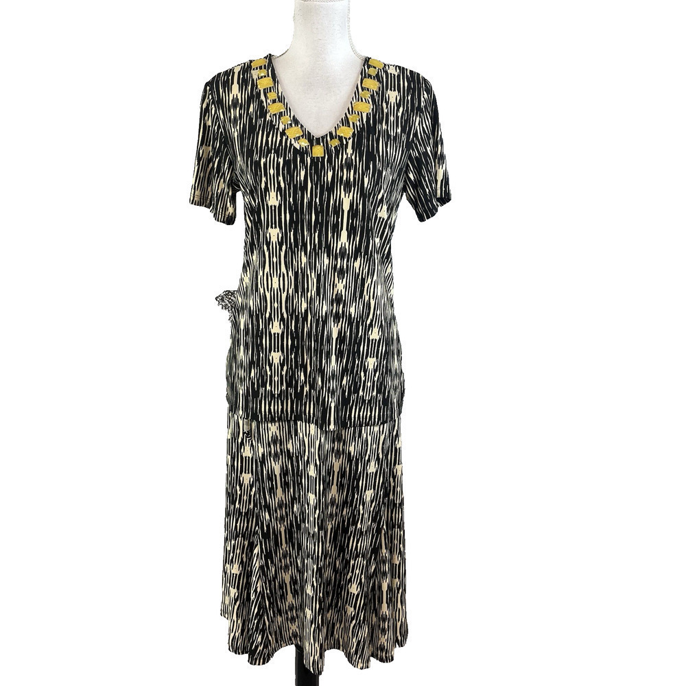 JM Collection 2pc Skirt Blouse Set Outfit size Small Black Camel Slinky Peasant